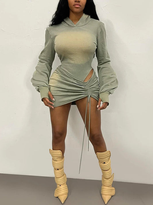 Hooded Tie Dye 2 Piece Set Women Sexy Backless Full Sleeve Bandage Bodysuit+Shirring Skirts Matching Street Clubwear