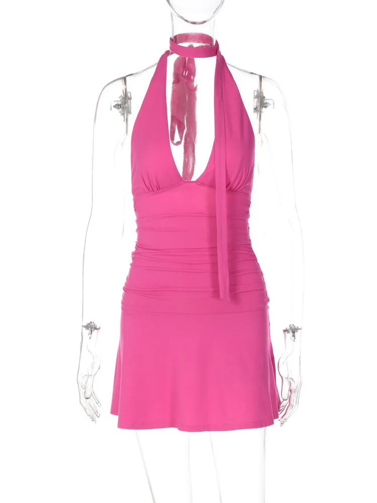 Halter Deep V Neck Sexy Mini Dress Women Elegant Sleeveless Backless Bodycon Ruched Waist Club Party Short Dresses