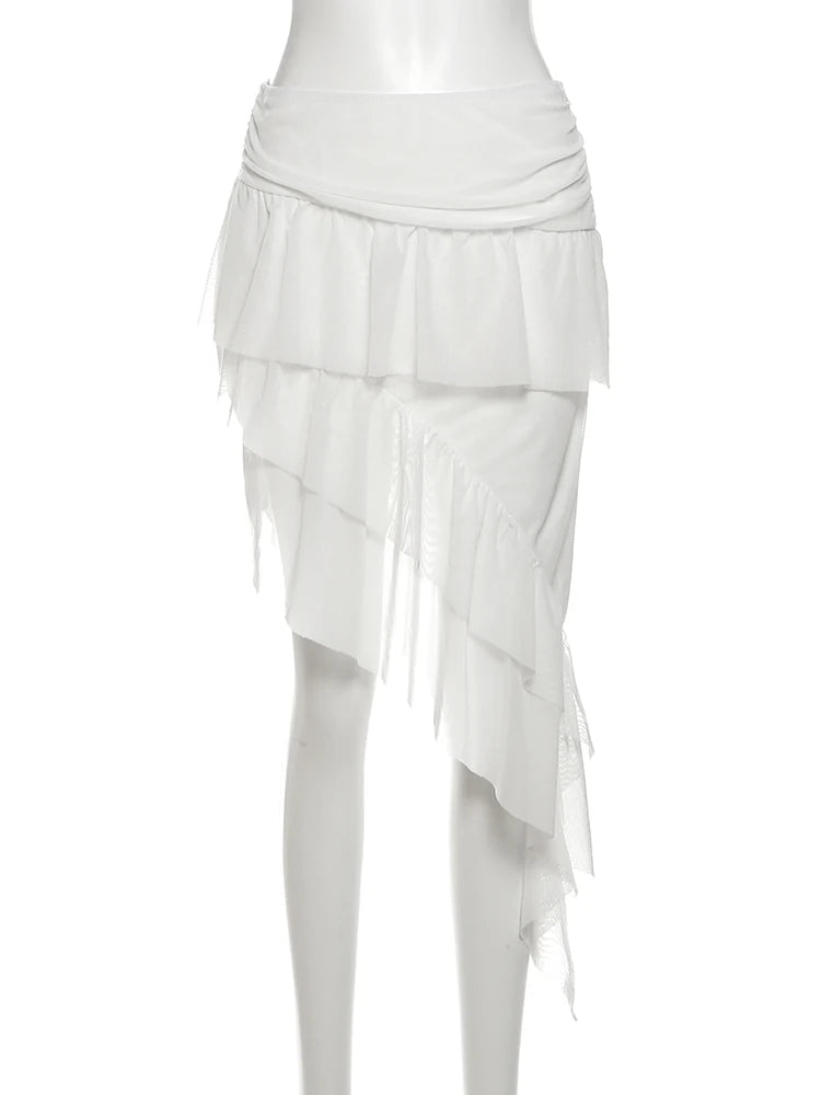 Mesh 2Piece Set Women 3d Flower Applique Lace-Up Halter Tank Top+Irregular Tierred Skirt Sexy Skinny clubwear Outfits