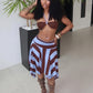 Sexy Fashion 2 Piece Set Woman Halter Long Rope+Skinny Tube Tops+Stripe Patchwork Mid Skirts Beach Party Style Suits