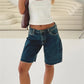 Women Loose Fit Denim Shorts Elegant Solid Color Zip Fly with Button Closure Bermuda Jean Shorts for Beach Daily Wear