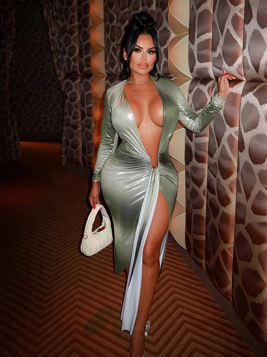 Sexy Silky Split Dress Women Irregular Ribbon Gradient Color Deep V-Neck Coquette Hottie Street Elegant Slim Bodycon