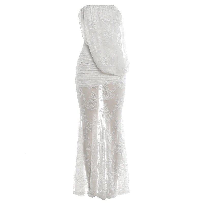 Ruched Elegant Gown Dress Woman Sexy Wrap Chest Backless Sleeveless Lace Patchwork Design Evening Party Long Bodycon