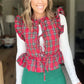 Christmas Party Red Tartan Quilted Vest Women Ruffle Flutter Sleeveless Back Tie Peplum Crop Gilet Holiday Waistcoat