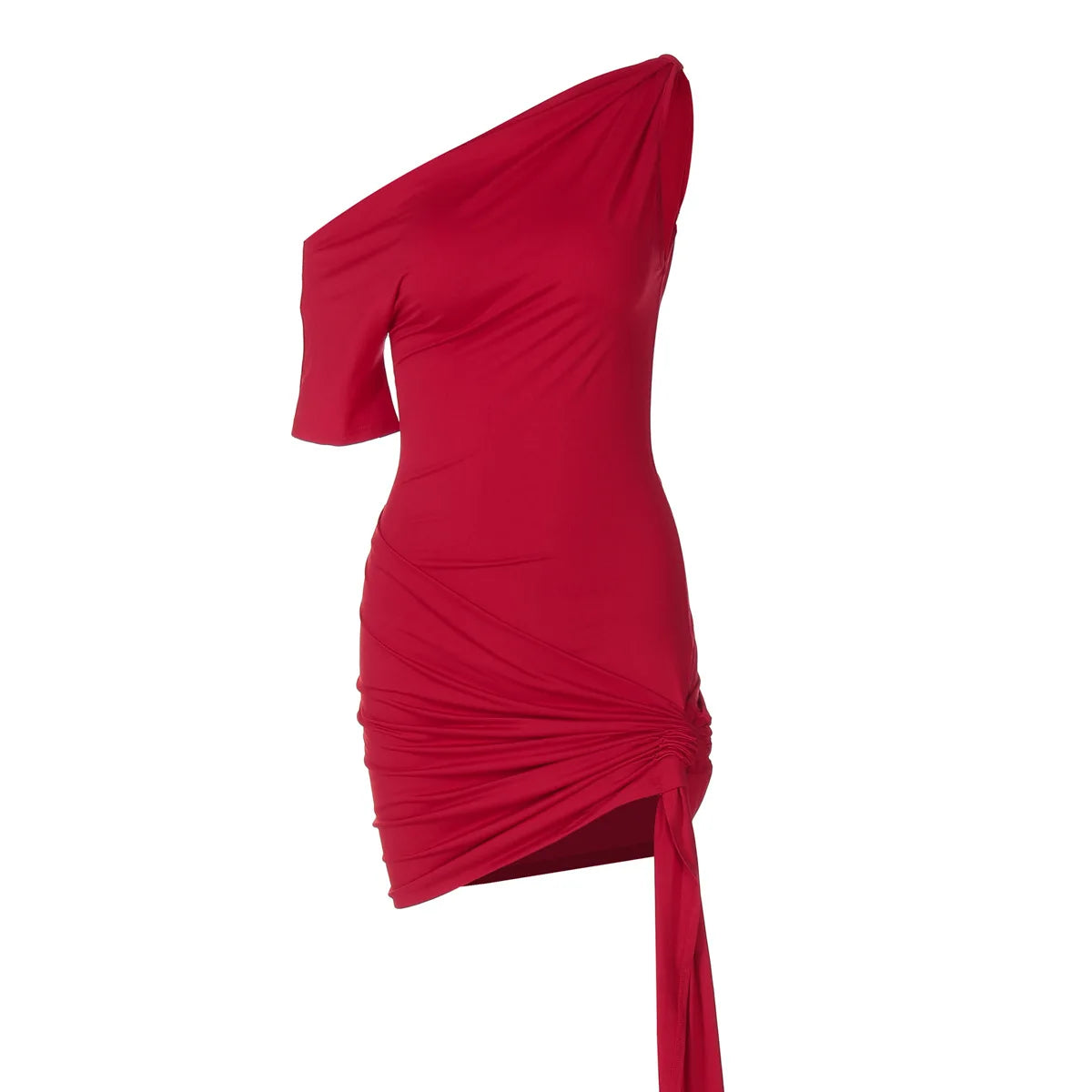Asymmetrical One Shoulder Ruched Draped Mini Dress Red Sexy Dresses for Birthday Woman Party Club Outfits