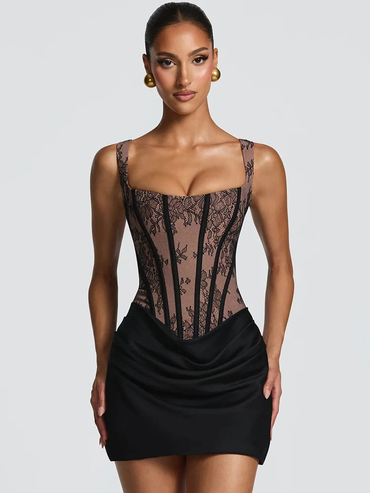 Lace Corset Mini Dress Women Square Neck Wide Strap Ruched Satin Bodycon Short Dress Club Party Cocktail Vestidos