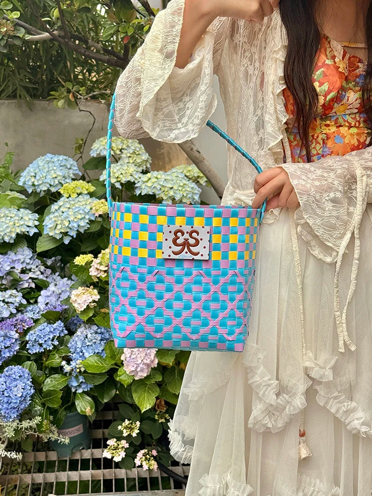Colorful Checkered Woven Bucket Bag, Bohemian Handmade Tote Bag, Casual Summer Beach Bag for Women