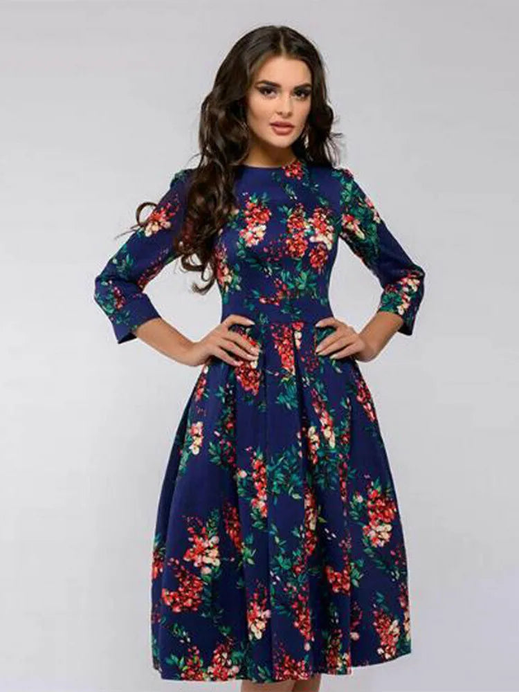 Vintage pleated tunic print dress women Elegant ladies A line dresses Long sleeve female autumn mixi party dress vestidos