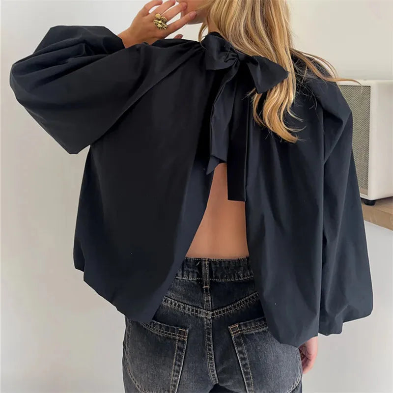 Women Backless Bow Tie Blouse Stand Collar Puff Long Sleeve Pleated Loose Cropped Shirt Solid Casual Daily Going Out Top