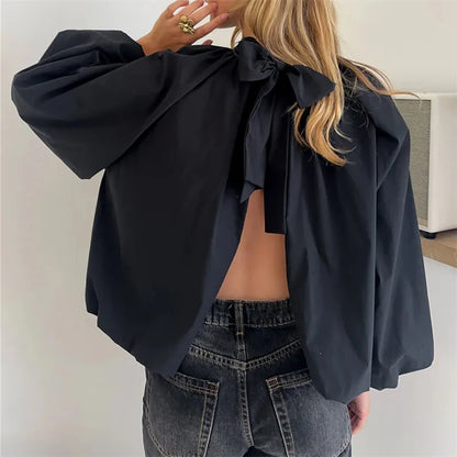 Women Backless Bow Tie Blouse Stand Collar Puff Long Sleeve Pleated Loose Cropped Shirt Solid Casual Daily Going Out Top