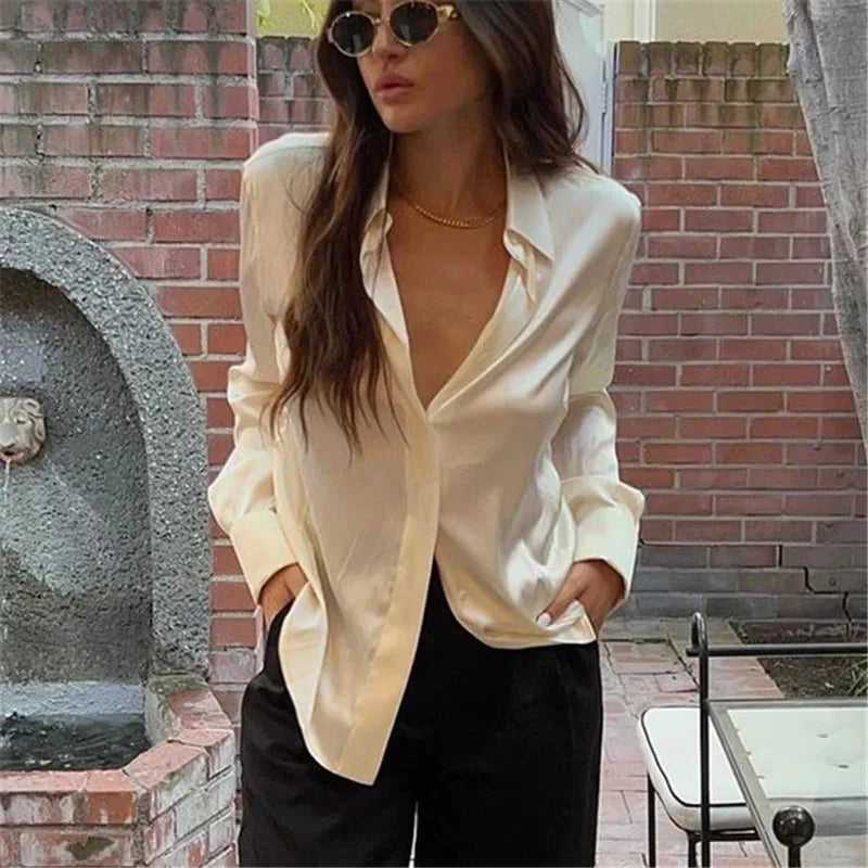 Satin Silk Waist Ruched Fitted Shirt Women Long Sleeve Lapel Collar Button Up Slim Bodycon Blouse Casual Streetwear