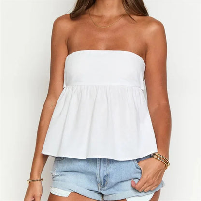 Y2K Vintage Strapless Tube Babydoll Top Women Back Bow Tie Gathered Peplum Flowy Solid Stripe Summer Beach Casual Tops