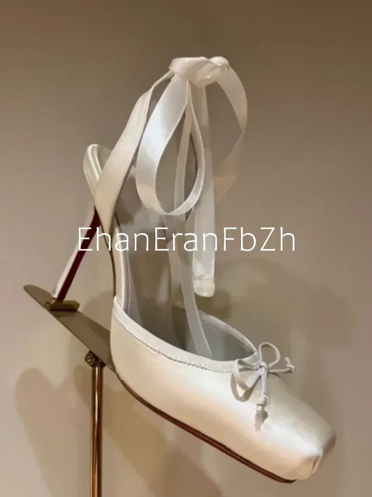 2026 Women's New Summer Square Satin High Heel Sandals with Ankle Strap, Fashionable Party and Banquet Ballet High Heels