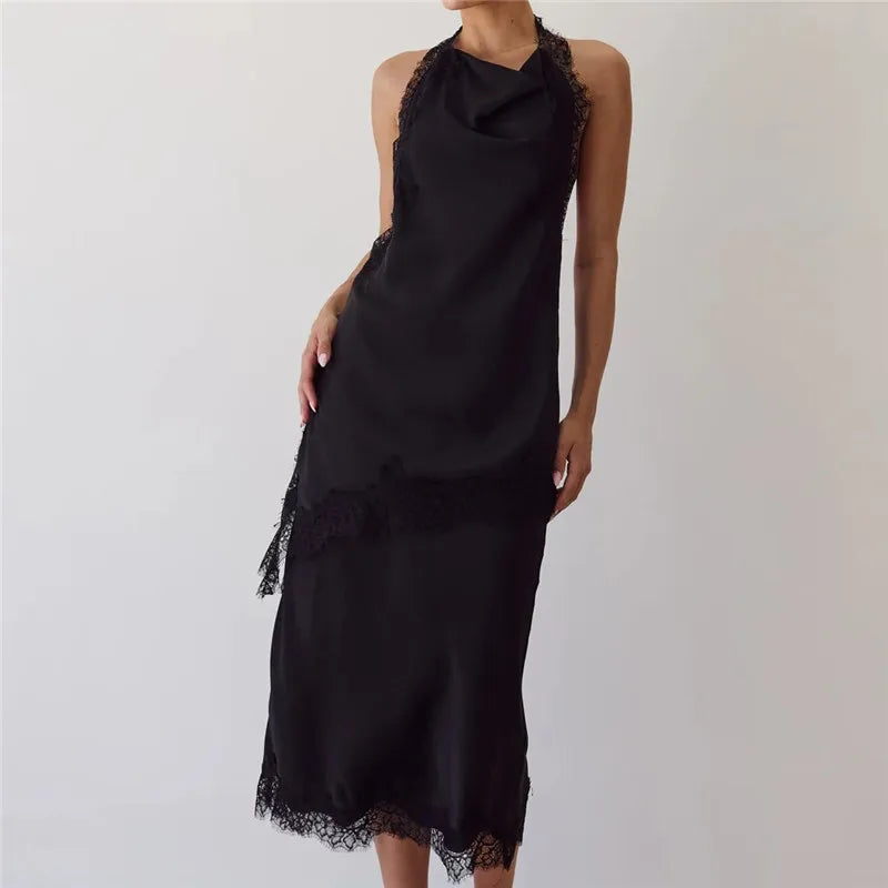 2 Piece Satin Halter Lace Trim Cowl Neck Backless Tops with Mid Length Slip Skirt Set For Women Party Cocktail Nightclub