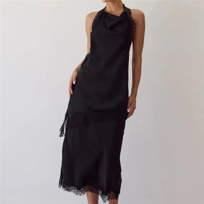 2 Piece Satin Halter Lace Trim Cowl Neck Backless Tops with Mid Length Slip Skirt Set For Women Party Cocktail Nightclub