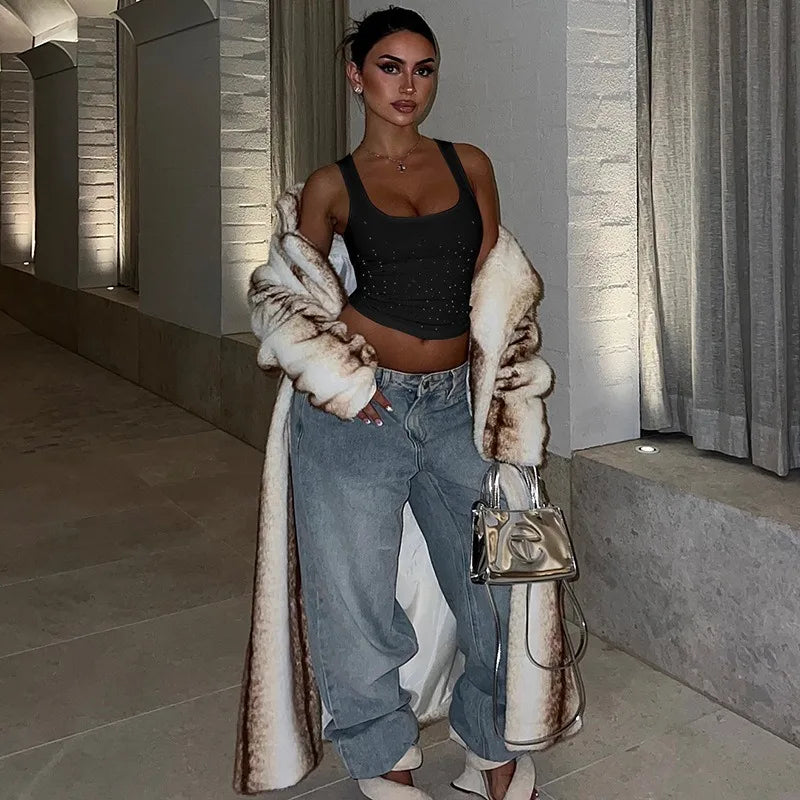 Rhinestone Crop Tops Black White Ribbed Square Neck Bodycon Tank Top Sexy Woman Clothing Summer 2025