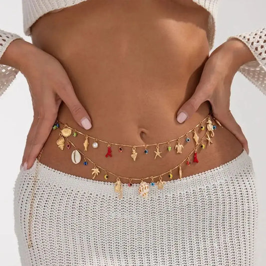 Bohemian Conch Seahorse Starfish Pendant Waist Chain For Women Summer Beach Vacation Bikini Body Chain Charm Jewelry