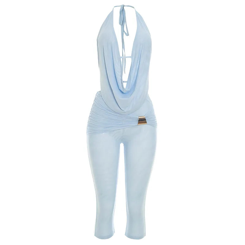 Mesh Patchwork 2 Piece Ste Woman Halter Swing Collar Backless Tank Tops+Metal Trim Elastic Waist Shorts Sexy Fashion Suits