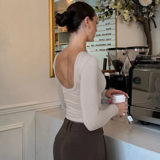 Solid Color Backless Long Sleeve Top Popular Clothing Woman Fall 2025 Ladies T Shirts