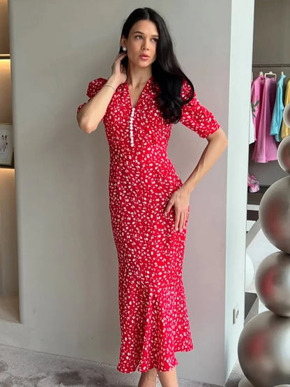 French Style Retro Floral Dress Button V Neck Short Sleeve Long Dresses for Woman Elegant