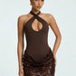 Halter Cutout Sexy Mini Dress Women Elegant Spliced Sequin Ruched Waist Bodycon Cocktail Club Evening Party Dress