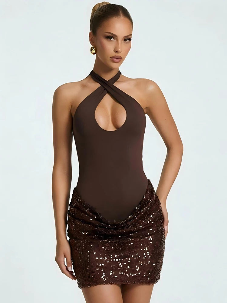 Halter Cutout Sexy Mini Dress Women Elegant Spliced Sequin Ruched Waist Bodycon Cocktail Club Evening Party Dress