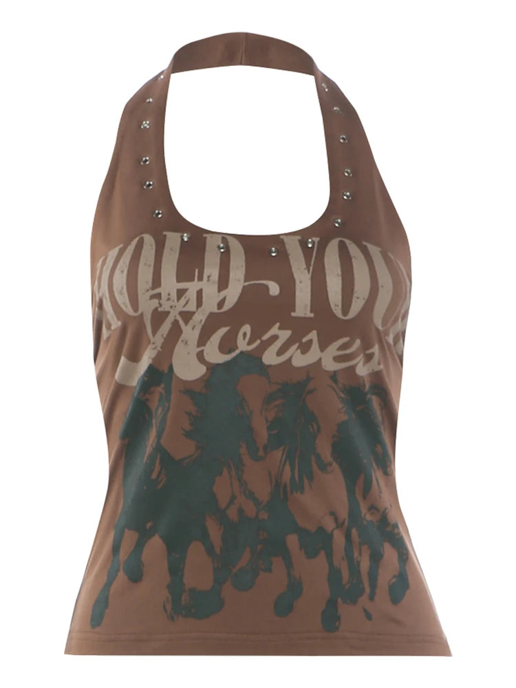 Hottie Letter Print Tank Top Women Autumn Trend Backless Haler Low-Neck Metal Hollow Patchwork Fashion Street Vest