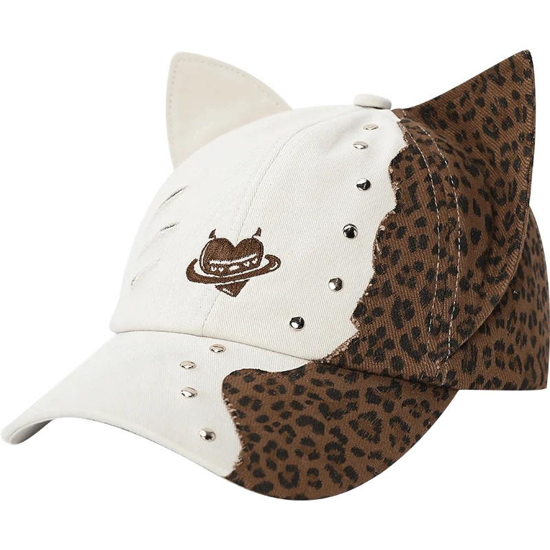 Asymmetrical Cat‑Ear Leopard Studded Baseball Cap with Embroidery Detail, Y2K Stylish Sun Hat for Street