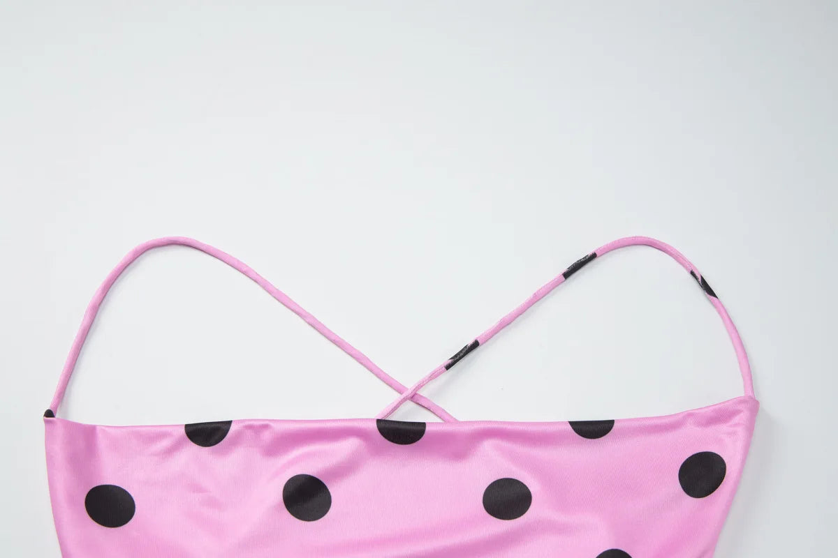 Polka Dot Print Pink Summer Dresses 2026 Sexy Lace Up Backless Maxi Dress Women' S Clothes