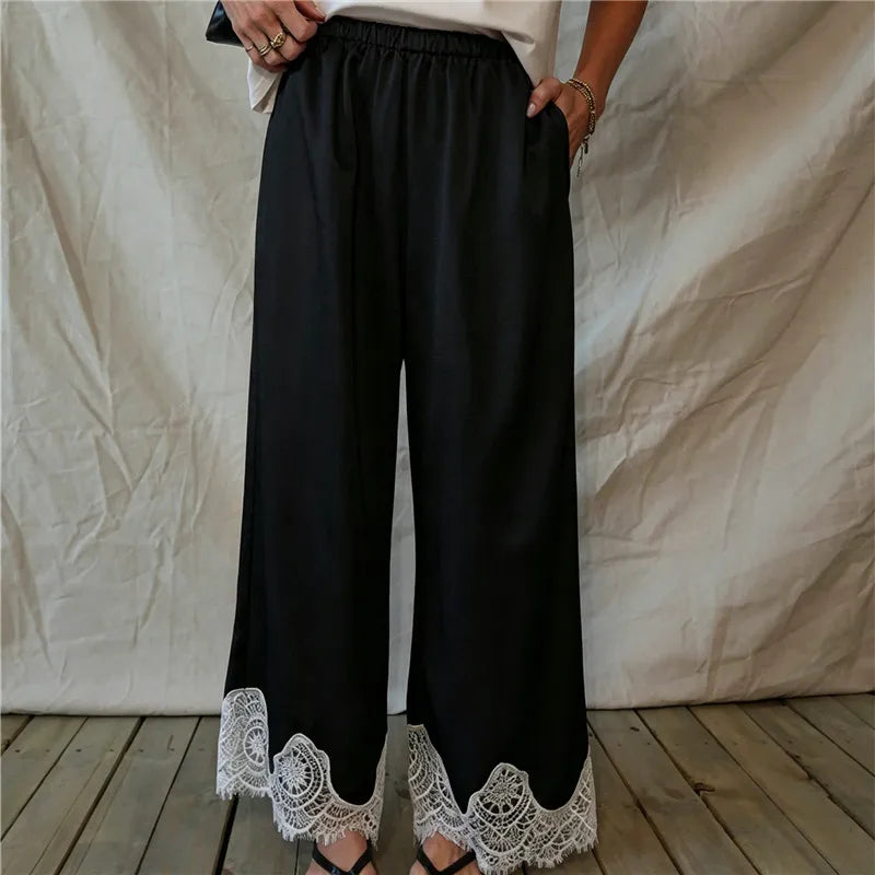 Women Elastic Waist Satin Wide Leg Pants Scalloped Lace Hem With Pockets Loose Silky Glossy Casual Vacation Trousers