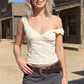 Women Frilled Shoulder Strap Tank Top Deep V Neck Lace Textured Cropped Blouse Back Shirred Elastic Slim Fit Summer Cami