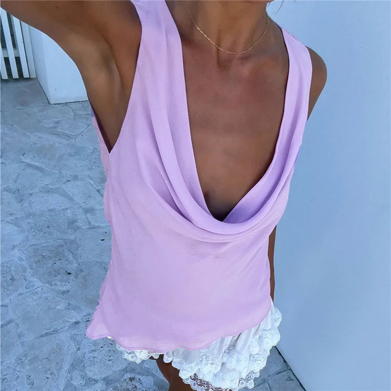 Cowl Neck Mesh Tank Top for Women Solid Color Sleeveless Sheer Blouse Asymmetric Hem Slim Fit Y2K Casual Party Wear