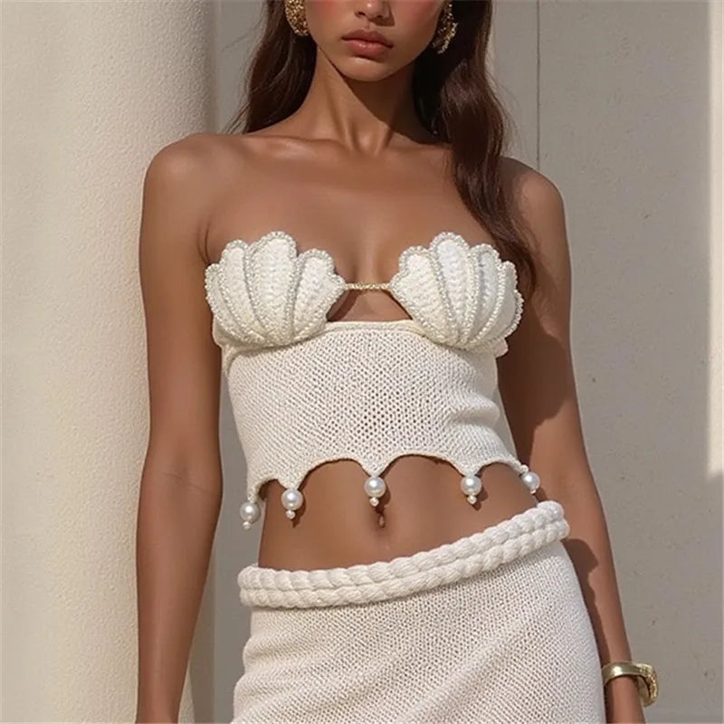 Sexy Pearls Knit Tube Top Lady Chic Beach Sleeveless Hollow Out Slim Fit Short Tops Summer Women Holiday Beachwear