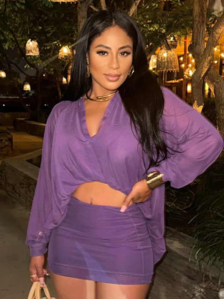 Simple Mesh 2-Piece Set Women Lapel Irregular Curling Edge V-Neck Shirt+Peach Hip Skirt Matching Casual Slim Outfits