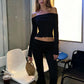 Street 2Piece Set Woman Autumn Slash Neck Backless Crop Tops+Ruched Elastic Waist Long Pants Elegant Casual Fashion Suits