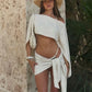 Y2K Two Piece Beach Outfit Off Shoulder Flare Sleeve Crop Top and Wrap Tie Skirt Summer Vacation Cover Up Party Clubwear