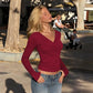 Burgundy Off Shoulder Long Sleeve Top with Wrap-style Neckline Fashion 2026 Fall Shirts Woman Clothing