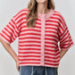 Women Contrast Stripe Plush Mohair Knit Cardigan Round Neck Button Front Half Sleeve Loose Fit Cropped Knit Jacket Fall