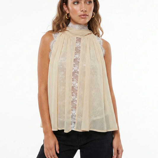 Women Elegant Halter Neck Sleeveless Top Tie Neck Pleated Chiffon Lace Splice Keyhole Front Loose Flowy Party Shirts Top