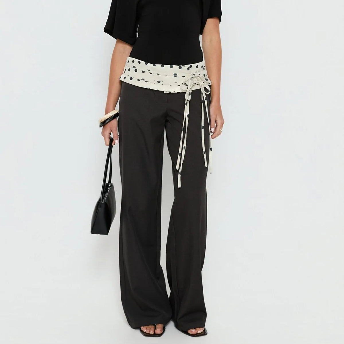 Elegant Office Ladies Wide Leg Trousers Plus Size High Rise Polka Dot Waist Tie Black Loose Work Wear Business Pants