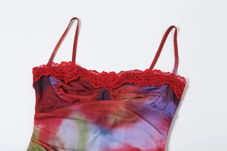 Colorful Print Maxi Dress Patchwork Lace Mesh Low-Neck Sleeveless Backless Summer Trend Vacation Clubwear Vestidos