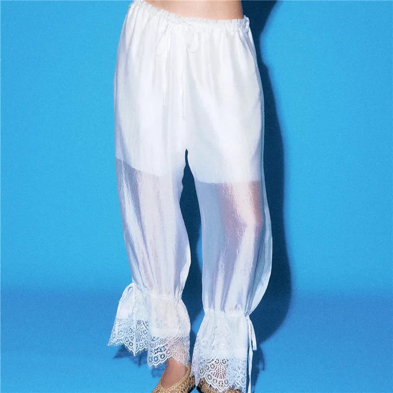 Women Boho Sheer Loose Harem Pants Drawstring Elastic Waist Lace Ruffle Hem Casual Beach Cover Up Trousers With Pockets