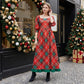 Women Christmas Holiday Tartan Plaid Long Dress Square Neck 3/4 Puff Sleeve Smocked Back Ruffle Hem Flowy Midi Dress