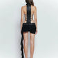 Sexy 2-Piece Set Women Cross Bandage Hollow Lapel Vest+Patchwork Sequin Irregular Folds Tassel Skirt Midnight Suit