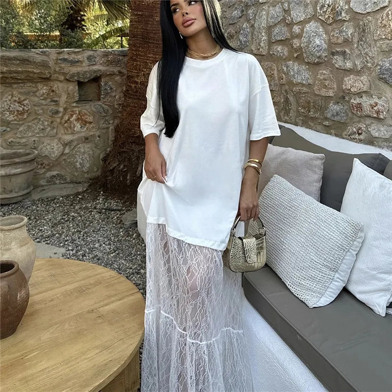 Women Oversized T Shirt Lace Maxi Dress 2 In 1 Sheer Mesh Long Dress Short Sleeve Loose Casual Summer Party Streetwear