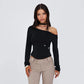 One Shoulder Long Sleeve Top Sexy Black T Shirts Trending 2025 Fall Clothes for Woman