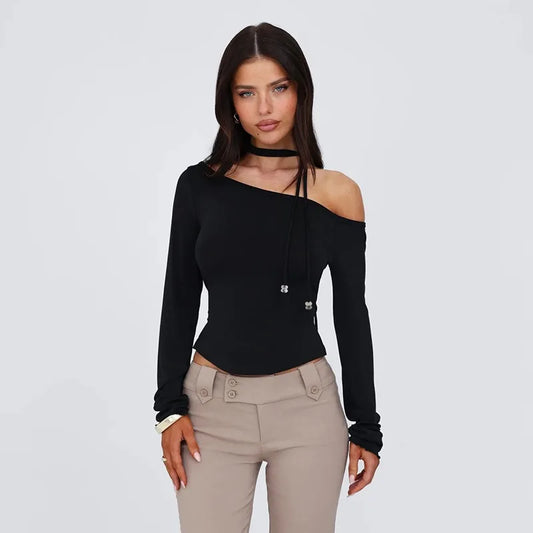 One Shoulder Long Sleeve Top Sexy Black T Shirts Trending 2025 Fall Clothes for Woman