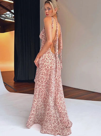 Sexy Asymmetrical Halter Backless Long Dresses Floral Print Chiffon Beach Vacation Summer Dress Womens