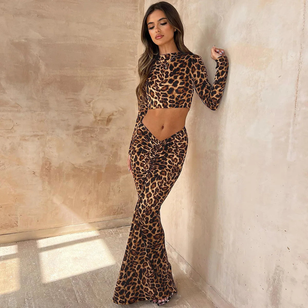Leopard Print Long Sleeve 2 Piece Set Crop Top and Maxi Skirt Sets Elegant Sexy Clothes for Women Fall Outfit