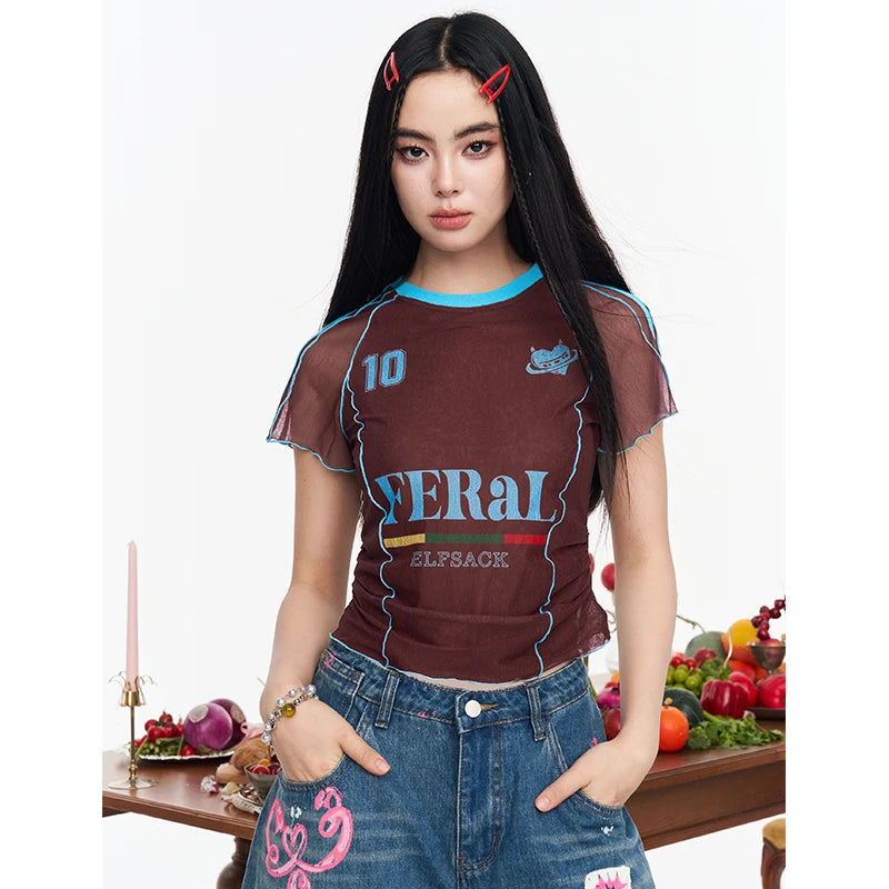 Sporty Jersey Style T-shirt, Slim V-neck Number Print Tee, Y2K Letter Graphic Cropped Top for Women